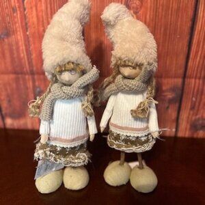 set of 2 Handcrafted Christmas girl Dolls With  Hats & Scarves holiday decor